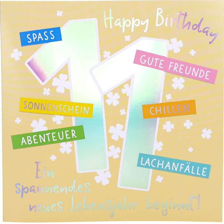 Zahlenkarte zum 11. Geburtstag mit Musik, veredelte Klappkarte mit originellem Innentext, inkl. Umschlag, Format 15,5 x 15,5 cm
