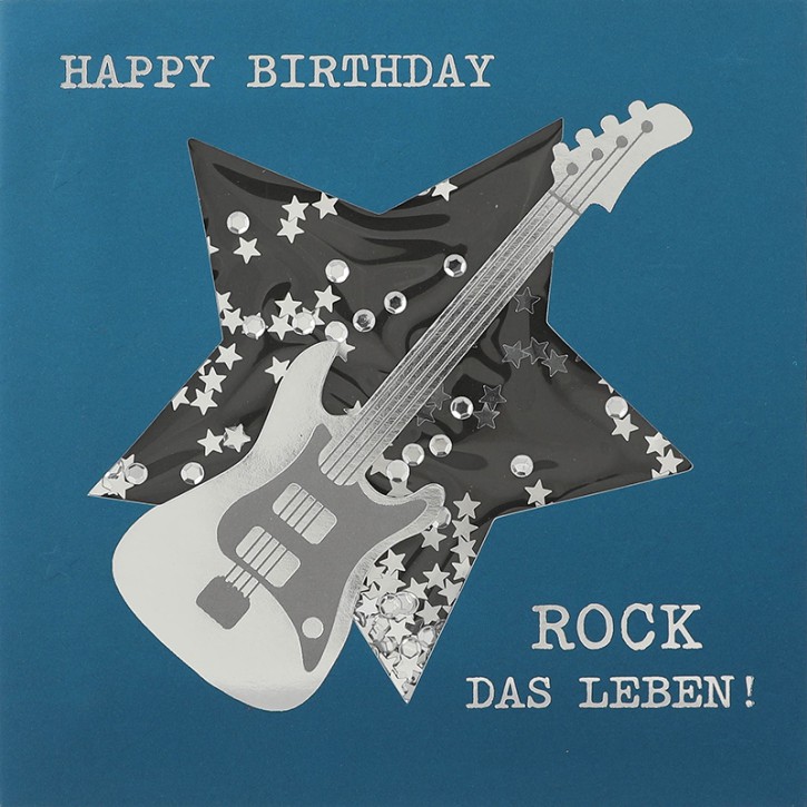 Glamour Glitzer Grußkarte Klappkarte mit Umschlag Happy Birthday, Rock das Leben.  ,quadratisch 022