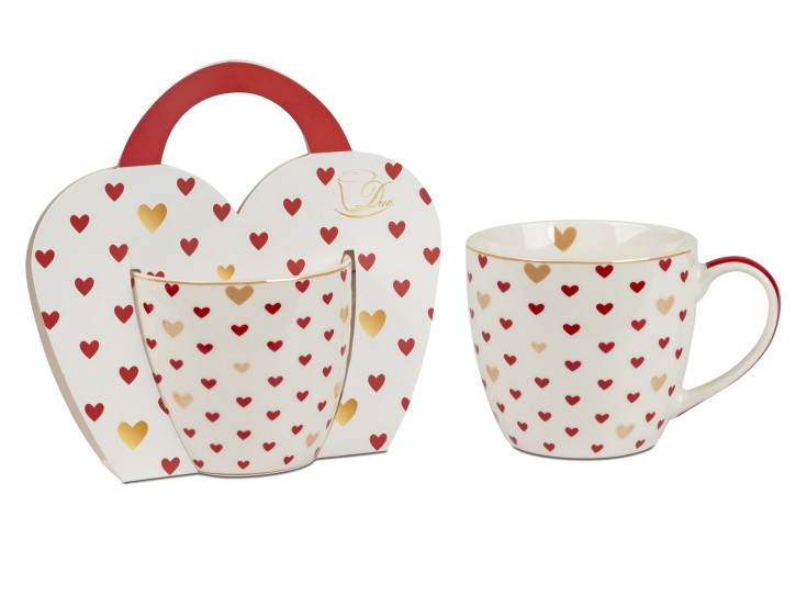 Porzellan-Becher rote Herzen 460ml, 10x9cm hoch, im Herz Geschenkkarton
