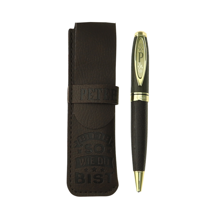 Bamboo Persönlicher  Kuli Kugelschreiber Stift mit Namen o. Spruch Personalisiertes Etui Monogramm-Design persönliches Geschenk (Kuli Peter )