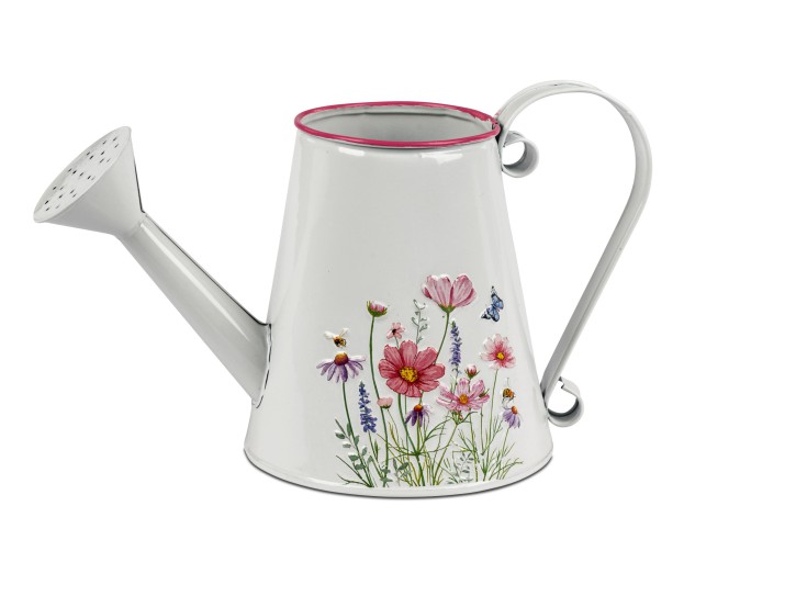 Dekorative Metall-Gießkanne, 14 x 26 cm, Weiß mit Blumenmotiv u. Schmetterling- nur zur Dekoration 