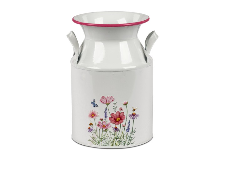 Dekorative Metall-Milchkanne,Milcheimer, ca.14 x 20 cm, Weiß mit Blumenmotiv u.Schmetterling- nur zur Deko