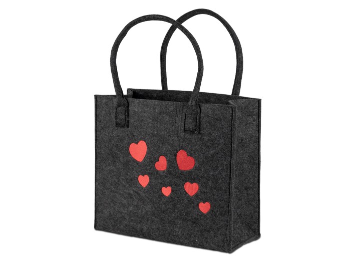 Tasche Einkaufstasche Shopper Filz-Tasche schwarz 40x18cm H:34cm mit aufgestickten Herzen