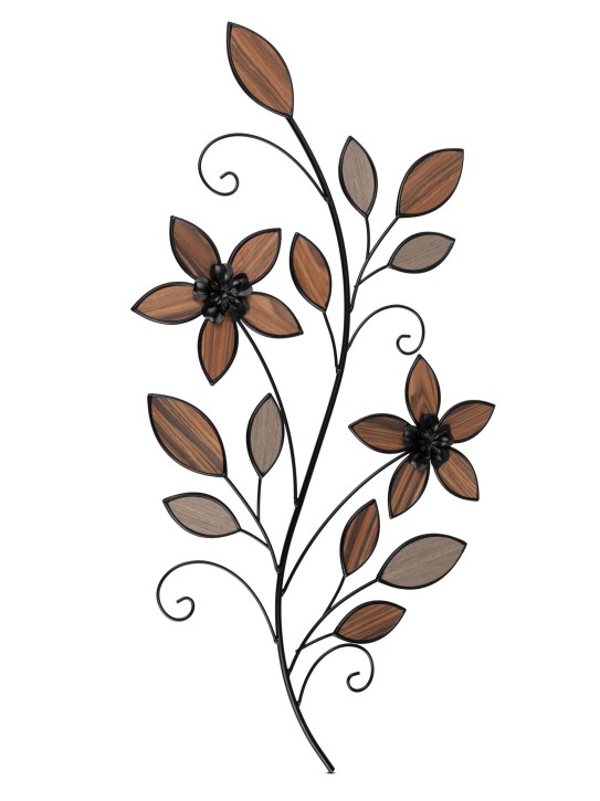 Extravagante Wanddeko Blume 43 x 80cm aus mattem, schwarzem Metall mit Holz  kombiniert