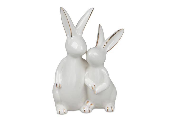 Ostern- Hasenpaar weiss-gold 9x15cm aus glasiertem Porzellan gefertigt