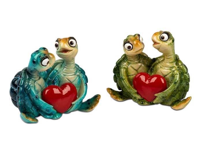 Schildkröten-Paar mit Herz grün oder blau. 12x10cm aus Kunststein mit glänzender, handbemalter Oberfläche