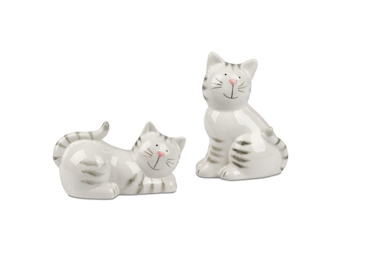 formano 2 Stück Deko Katze Weiss-Grau sitzend und liegend im Set