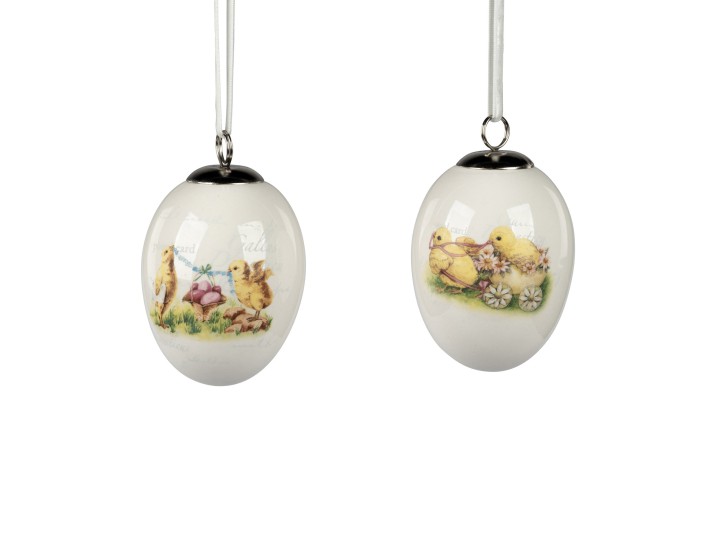2 Stück im Set Deko-Ei hängend 8cm mit Küken