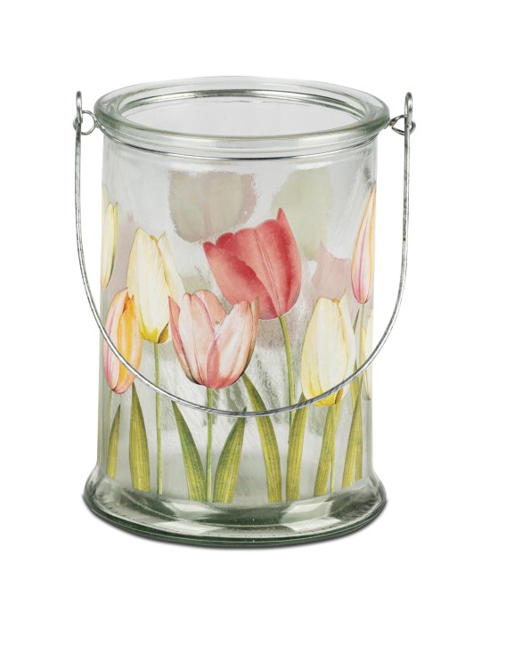 Windlicht Motiv Teelichthalter Tulpen 13x17cm Glas