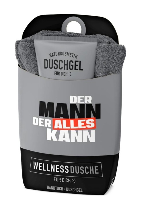 Wellness Duschset fuer Maenner, Naturkosmetik Duschgel mit Handtuch, Der Mann der Alles Kann Edition