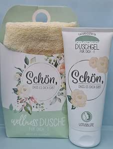 LaVida Relax-Geschenk-Set, Wellness Dusche,"Schön dass es Dich gibt", Duschgel- zertifizierte Naturkosmetik mit einem Handtuch aus Bio-Baumwolle