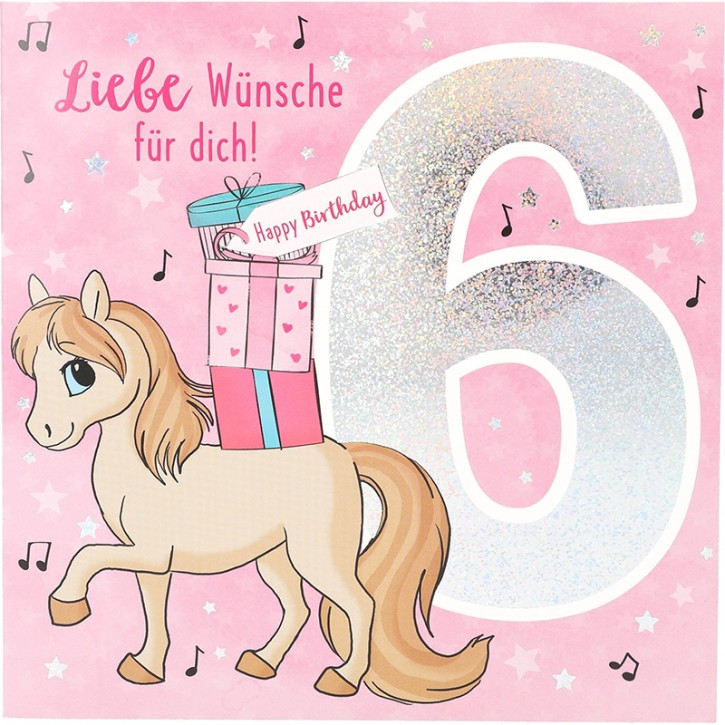 Zahlenkarte zum 6. Geburtstag mit Musik, veredelte Klappkarte mit originellem Innentext, inkl. Umschlag, Format 15,5 x 15,5 cm