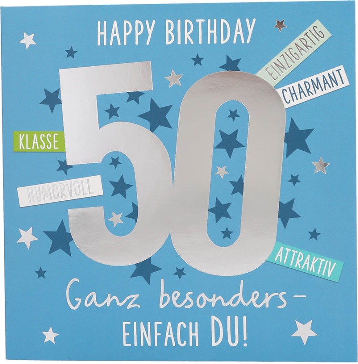 Zahlenkarte zum 50. Geburtstag mit Musik, veredelte Klappkarte mit originellem Innentext, inkl. Umschlag, Format 15,5 x 15,5 cm