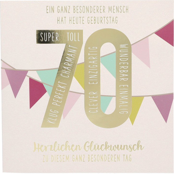 Zahlenkarte zum 70. Geburtstag mit Musik, veredelte Klappkarte mit originellem Innentext, inkl. Umschlag, Format 15,5 x 15,5 cm