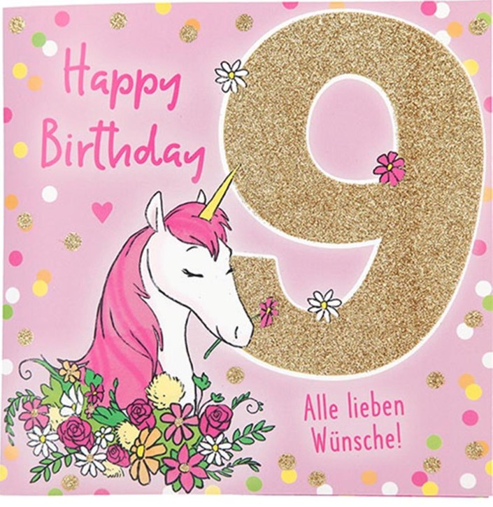  Zahlenkarte zum 9. Geburtstag mit Musik, veredelte Klappkarte mit originellem Innentext, inkl. Umschlag, Format 15,5 x 15,5 cm