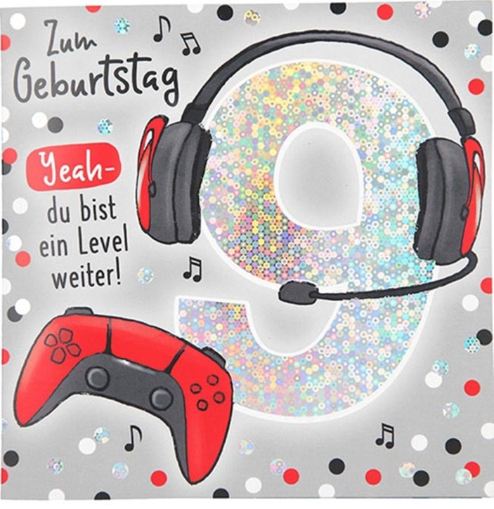  Zahlenkarte zum 9. Geburtstag mit Musik, veredelte Klappkarte mit originellem Innentext, inkl. Umschlag, Format 15,5 x 15,5 cm