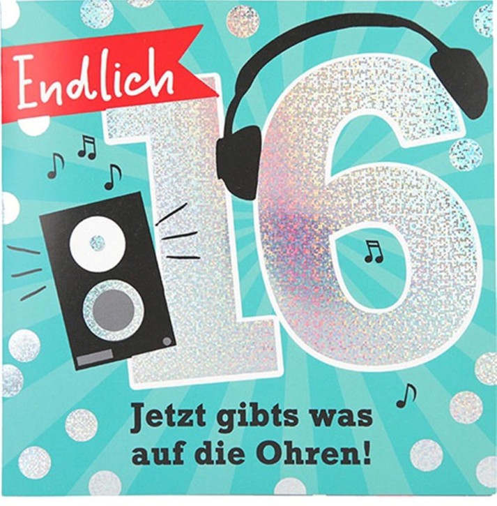  Zahlenkarte zum 16. Geburtstag mit Musik, veredelte Klappkarte mit originellem Innentext, inkl. Umschlag, Format 15,5 x 15,5 cm