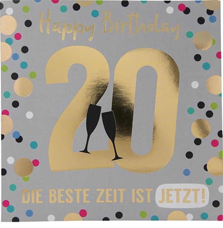  Zahlenkarte zum 20. Geburtstag mit Musik, veredelte Klappkarte mit originellem Innentext, inkl. Umschlag, Format 15,5 x 15,5 cm