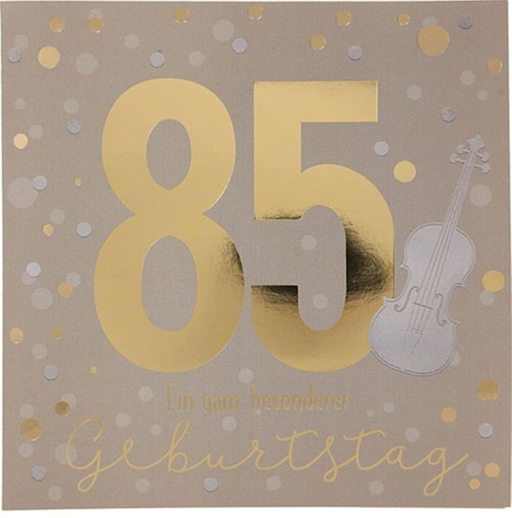  Zahlenkarte zum 85. Geburtstag mit Musik, veredelte Klappkarte mit originellem Innentext, inkl. Umschlag, Format 15,5 x 15,5 cm