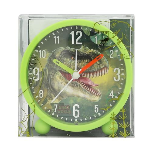 Dino World - Wecker für Kinder in Grün mit Dino-Motiv, lautlose Uhr mit Licht-Funktion