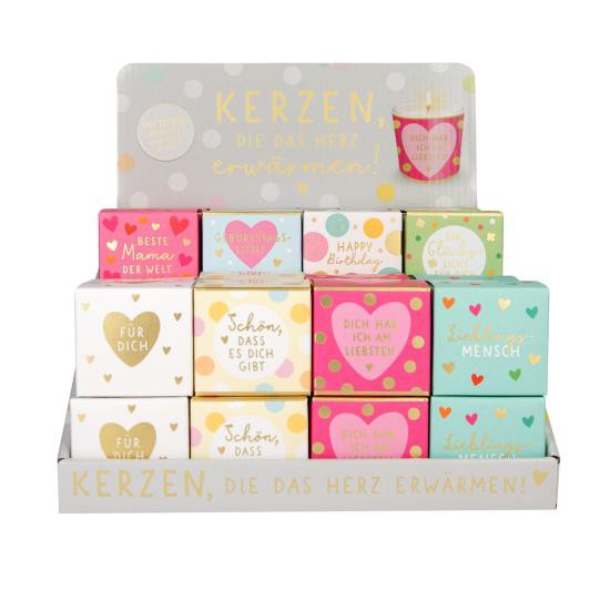 1 Kerzenset in Geschenkbox mit Sprüche - 4 verschiedenen Kerzen im Set mit Gläser 