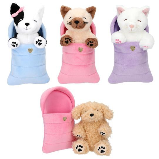 TOPModel Plüsch Hunde und Katzen im Schlafsack, Kuscheltier-Set, Verschiedene Designs-Auswahl nach Verfügbarkeit