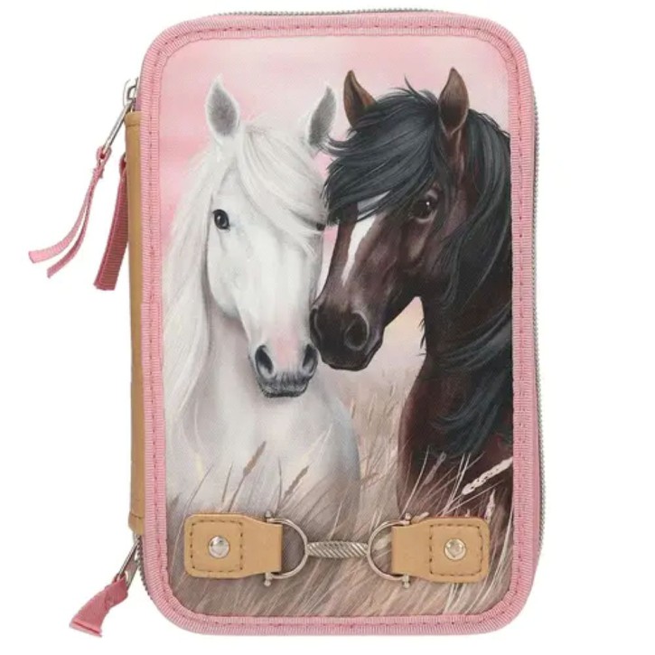 Miss Melody Dreifach Federtasche mit Pferde Motiv, Rosa Rahmen, Schulmäppchen für Kinder