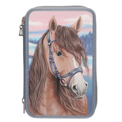 Depesche 13415 Miss Melody - Gefüllte 3-Fach Federtasche in Blau, mit 3D-Effekt und Pferde Motiv, Federmappe mit Buntstiften, Schere, Lineal UVM.