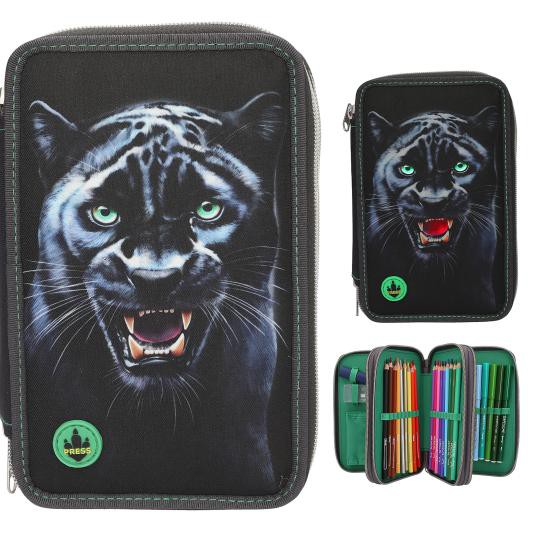 Motiv Panther - Gefüllte 3-Fach Federtasche in Schwarz, mit LED Lichteffekten.