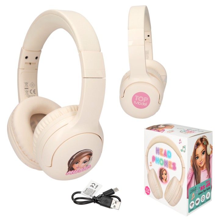 TOPModel Kinder-Kopfhörer, Bluetooth, max. 85 dB, mit USB-Ladekabel, Beige