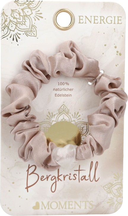 Depesche Moments Premium Scrunchie mit Bergkristall Herz, perlmutweiss, Natürlicher Edelstein, Haargummi, 1 Stück