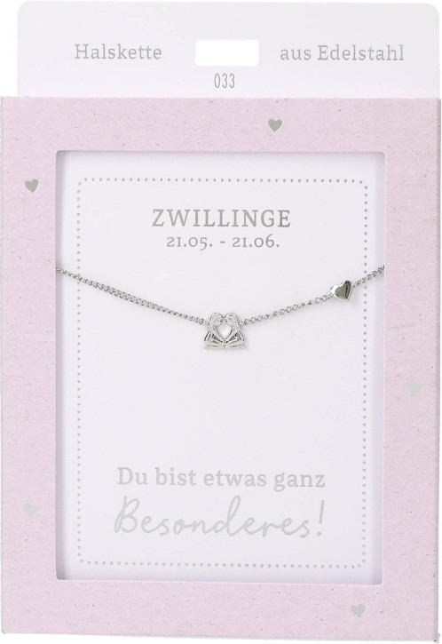 Depesche Damen Halskette mit Herz-Anhänger, Silberfarben o.Goldfarben,Edelstahl,42-47cm Verstellbar-Halskette Nr.33 - Zwillinge