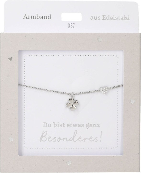  Damen Edelstahl Armband mit Herz-Anhänger, Silberfarbend oder Goldfarbend, 15-20cm Verstellbar-Kleeblatt Silber