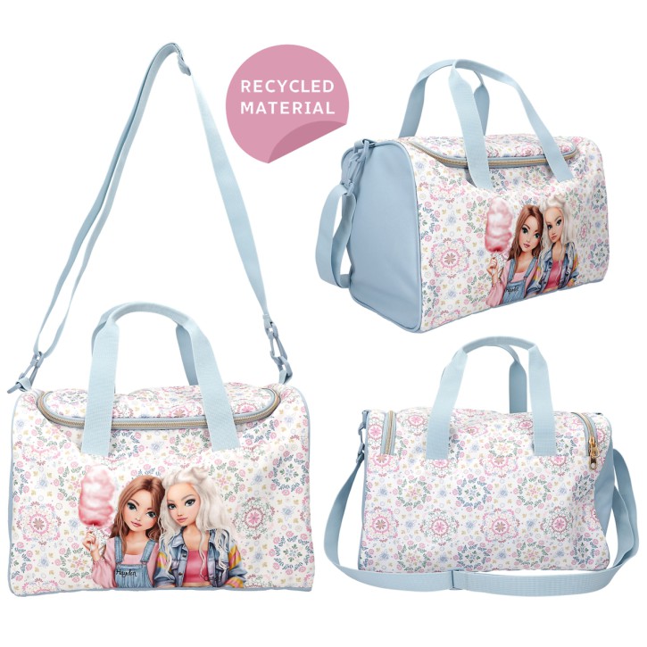 Depesche 14029 TOPModel Festival Fun - Sporttasche in Dunkelblau und Creme, mit Model Motiv und Blumen-Muster, Tasche mit kurzen und Langen Trageschlaufen