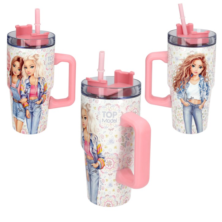Depesche 14032 TOPModel Festival Fun - to-Go Becher aus Edelstahl, in Creme und Rosa, mit Model Motiv und Blumen-Muster, Getränkebecher mit Strohhalm, Isolierung und Griff, Fassungsv. Ca. 500 ml