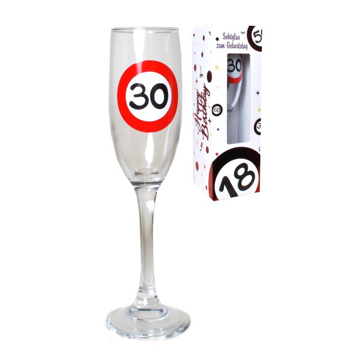 Sektglas mit Aufschrift 30 zum 30. Geburtstag