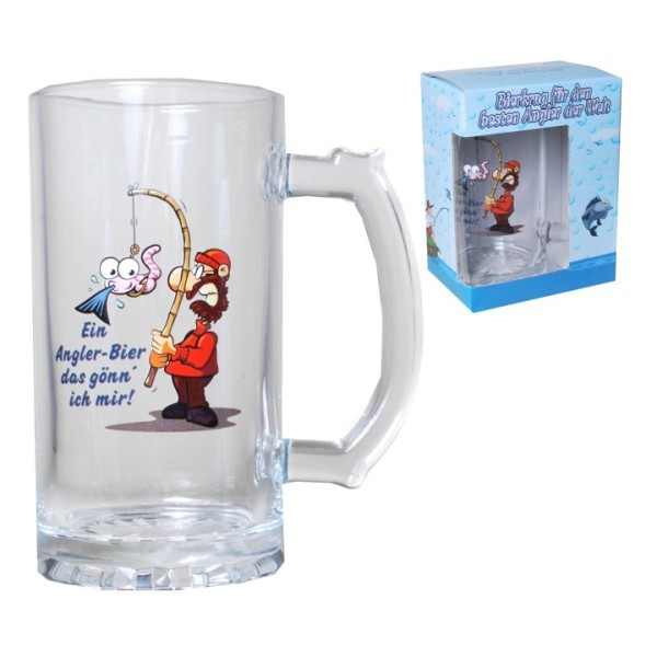 1 Stück Bierglas Bierkrug im Geschenkkarton zum Hobby Angeln- Geschenke für Angler 15x8cm