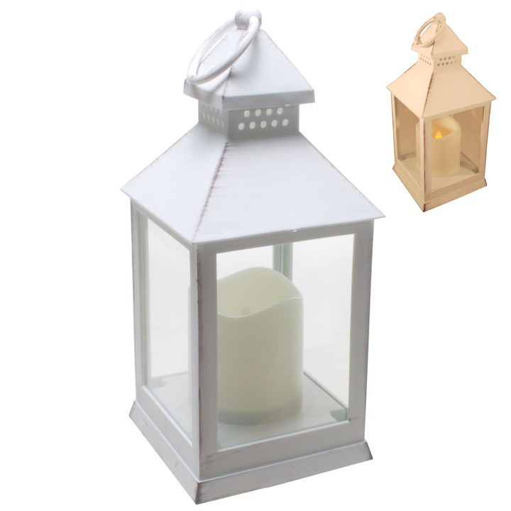 Laterne mit LED-Kerze, antikweiß, mit Timer-Funktion Kunststoff, 24 x 10 cm Lieferung ohne Batterien (3x AAA)