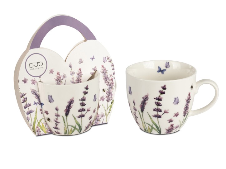 1 Stück Porzellan-Becher Lavendel 460ml, 10x9cm hoch, im Geschenkkarton