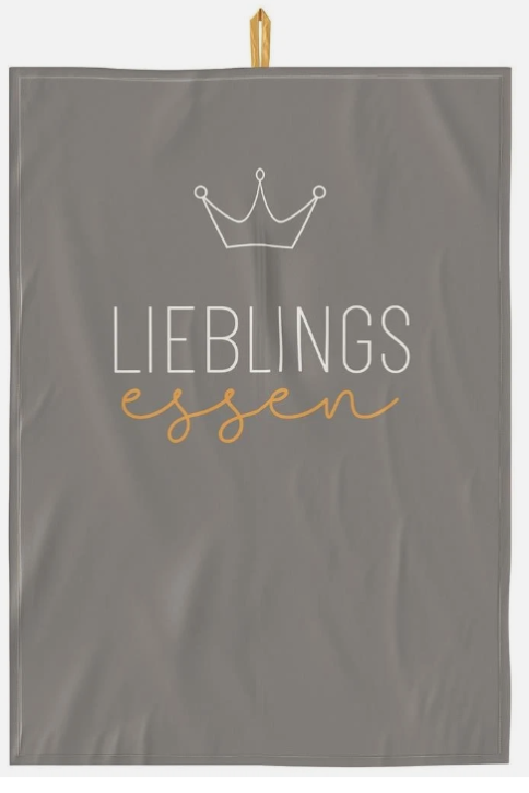 Geschirrtuch Lieblingsessen, Küchenhandtuch mit Kronen-Design, Grau mit Goldener Schrift