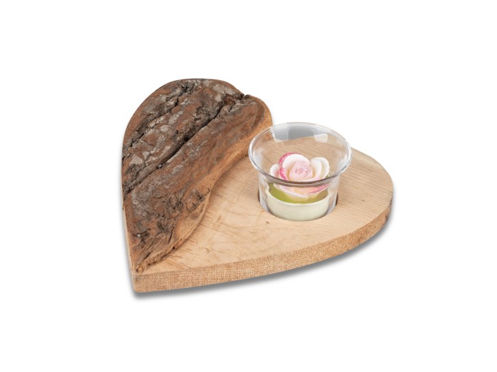 1 Stück Leuchter Herz Tischlicht mit Holz- Rinde-  rustikal 18cm