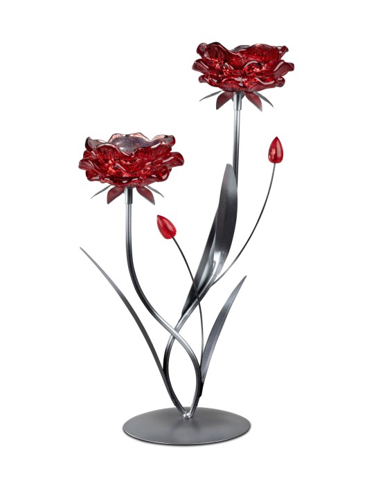 1 Stück Teelichtleuchter Leuchter Kerzenständer Tischlicht 2flm. 37cm Blüte rot aus Metall
