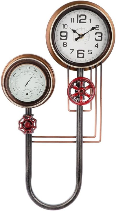 GILDE Industrielle Wanduhr mit Thermometer und Hygrometer, 55 cm Höhe, Metall Schwarz-Kupfer