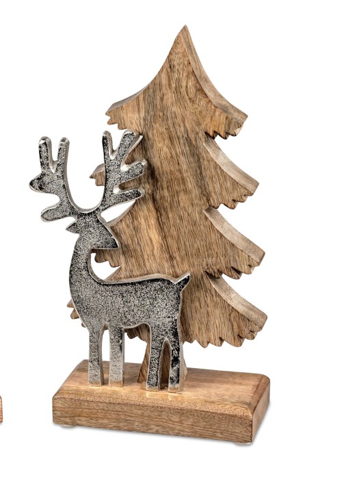 Geschenke und Dekoration zu Weihnachten Hirsch mit Baum 26cm  aus massivem Alu Mango-Holz