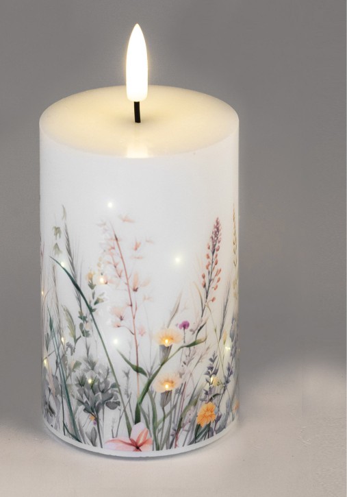 LED Kerze mit Wiesenmotiv, Weiß, 7x10 cm, Fiberglas, Frühlingsdekoration