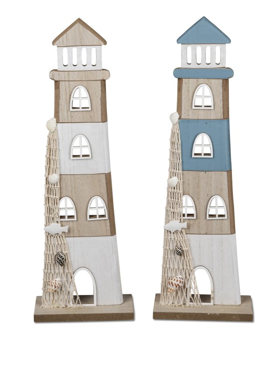 Dekoratier maritimer Leuchtturm 45cm hoch aus Holz mit Muscheln