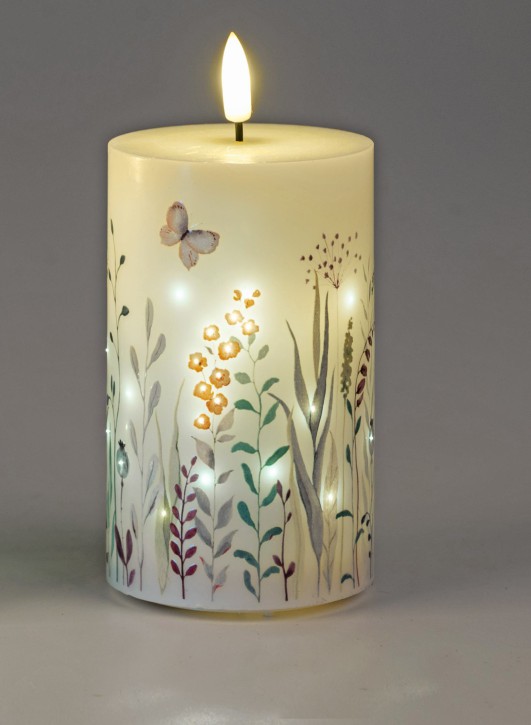 LED-Kerze mit Blumen und Schmetterling Dekoration, Stumpenkerze 7x12cm LED-Kerze mit Blumen und Schmetterling Dekoration, Stumpenkerze 7x12cm