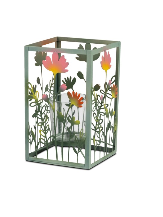 Dekoratives Windlicht Teelicht Laterne  10x15cm aus Metall/Glas mit Blumen