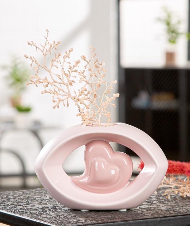 Keramik Blumenvase in Herzform, Rosa, Oval, 16 x 6 cm, Dekorative Tischvase