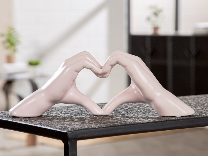 Dekofigur Herz aus Keramik, Händemotiv, Rosa, Dekorationsobjekt